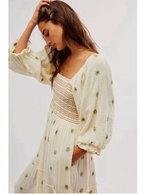 Free People Dahlia Embroidered Maxi Dress Cream Ivory SIZE XL